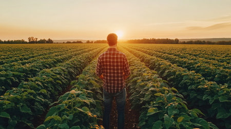 A man stands in a lush sunflower field, gazing toward the horizon at sunset. The vibrant colors and serene atmosphere evoke a sense of peace and reflection.の素材