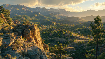 A breathtaking view of a serene mountain landscape during golden hour. The scene captures vibrant colors, rugged terrain, and a peaceful atmosphere ideal for nature lovers and explorers.の素材