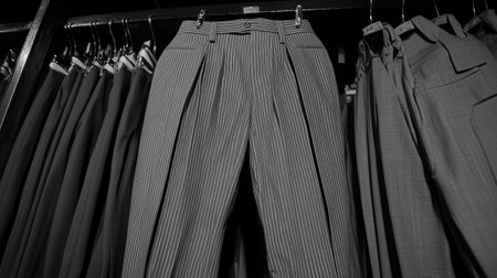A pair of classic striped trousers displayed on a rack, showcasing elegant design and stylish fabric. Ideal for fashion, retail, or clothing advertisements.の素材