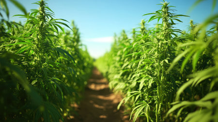 A vibrant cannabis field stretches under a clear blue sky, showcasing lush green plants. This serene landscape captures the essence of agricultural growth and nature's beauty.の素材