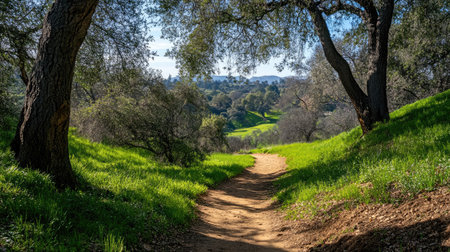 A serene path winds through a vibrant green landscape, surrounded by lush trees and gentle hills. Ideal for those seeking tranquility and outdoor adventure.の素材