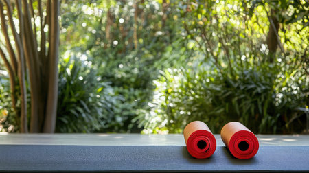 Two yoga mats in red positioned outdoors among lush greenery create a peaceful setting for fitness and relaxation, promoting mindfulness and well-being.の素材