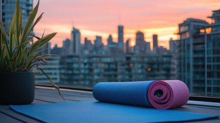 A peaceful yoga mat rolls out against a stunning city skyline at sunset, creating a perfect setting for relaxation and exercise with natureの素材