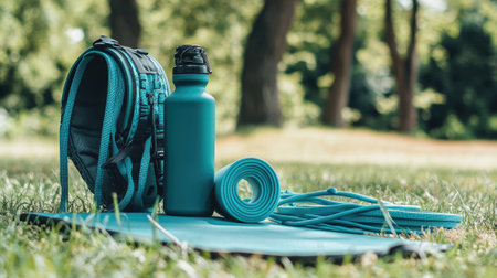 A vibrant turquoise backpack, water bottle, and yoga mat set against a lush green grass backdrop, perfect for outdoor fitness activities and relaxation.の素材