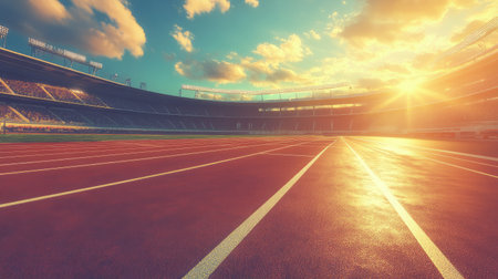 Stunning sunset illuminates an empty athletic track in a stadium, creating a vibrant scene. Perfect for capturing themes of sports and tranquility.の素材