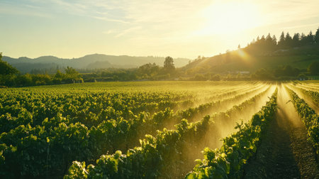 A stunning sunrise illuminates a lush vineyard, casting golden light over the green rows of grapevines. Mist rises gently, enhancing the serene landscape.の素材