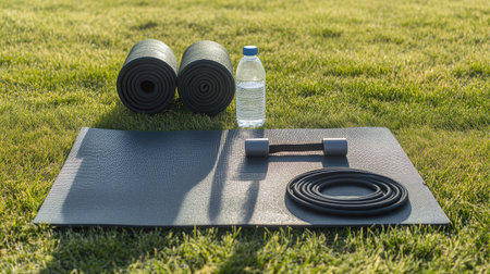 A serene outdoor scene featuring a yoga mat and various fitness equipment, including a water bottle and weights, ideal for health and wellness activities.の素材