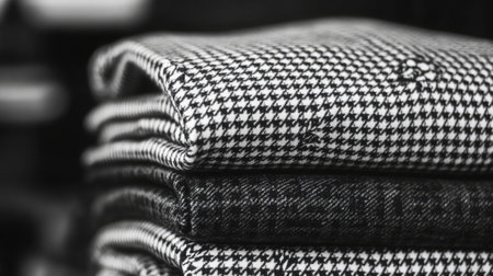 An elegant stack of houndstooth fabric in black and white tones, showcasing intricate patterns perfect for tailoring and fashion design projects.の素材