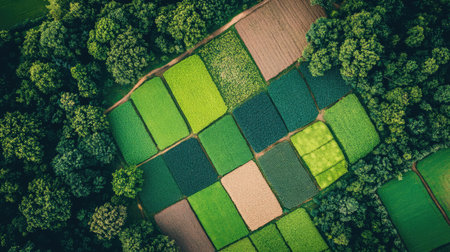 Stunning aerial view of vibrant green agricultural fields surrounded by trees, showcasing diverse crop patterns and nature's beauty in a peaceful rural setting.の素材