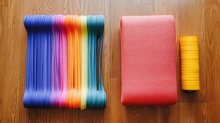 A vibrant collection of colorful exercise bands and a fitness mat arranged neatly, ideal for training, yoga, and health-focused activities.の素材