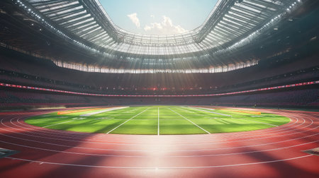 A vibrant stadium interior showcasing a track and field area bathed in sunlight, offering a dynamic setting for sports events and competitions.の素材
