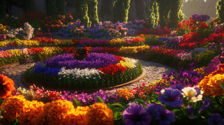 A breathtaking garden scene filled with a variety of colorful flowers, creating a serene and vibrant atmosphere. Perfect for nature lovers and gardeners.の素材
