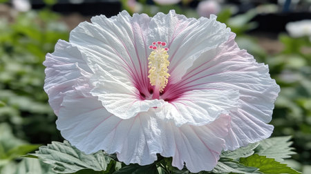 A stunning close-up of a white and pink hibiscus flower showcasing its vibrant petals and delicate beauty. Perfect for nature and floral concepts.の素材