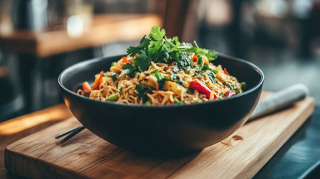 A vibrant bowl of fresh vegetable noodles topped with cilantro. This dish represents healthy dining, ideal for vegetarian meals or a gourmet experience.の素材