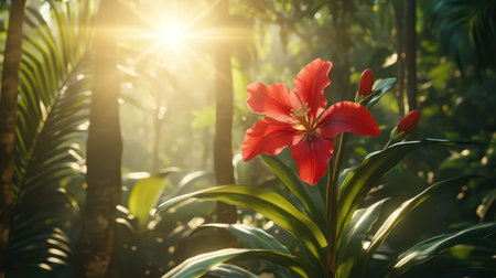 A stunning red flower rises amidst a lush tropical forest, illuminated by soft sunlight that filters through the trees, creating a serene and vibrant atmosphere.の素材