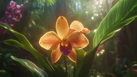 A stunning orchid flower radiates beauty in a lush jungle setting, highlighted by soft sunlight rays. Perfect for nature and floral enthusiasts.の素材