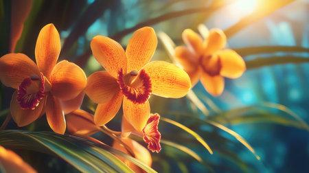 Discover the beauty of vibrant orange orchids nestled among lush greenery, illuminated by soft sunlight, creating a serene and enchanting atmosphere.の素材