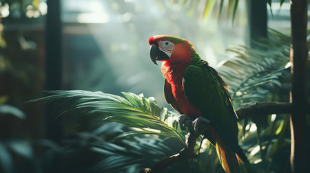 A striking parrot rests gracefully on a branch, surrounded by vibrant green foliage. Sunlight filters through, creating a serene and exotic atmosphere.の素材