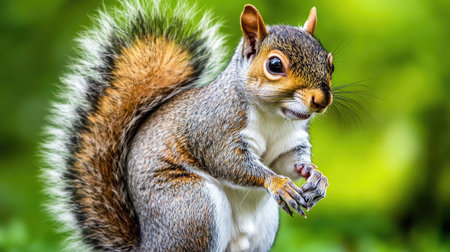 A charming close-up of a curious squirrel with a fluffy tail, set against a vibrant green background, showcasing its playful personality in nature.の素材