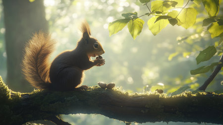A charming squirrel sits peacefully on a mossy branch, holding a nut in a sunlit forest. The silhouette creates a tranquil scene surrounded by lush greenery.の素材