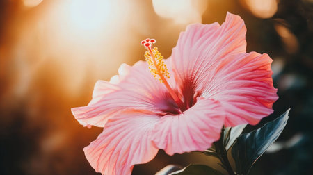 A stunning close-up of a vibrant pink hibiscus flower bathed in soft natural light, showcasing its intricate petals and graceful beauty in a serene outdoor setting.の素材