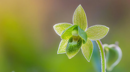 A stunning close-up of a delicate green orchid bloom, showcasing its intricate petals and natural beauty against a softly blurred background.の素材