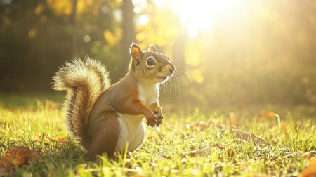 A charming squirrel poses in a sunlit forest, surrounded by vibrant autumn foliage. This delightful wildlife moment captures the beauty of nature.の素材