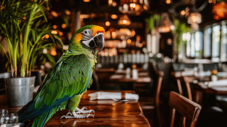 A vibrant parrot perched on a wooden table in a cozy restaurant, surrounded by warm lights and green foliage, creating a cheerful atmosphere.の素材