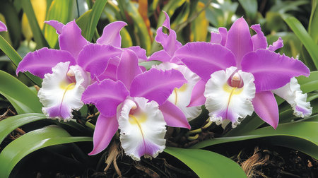 A stunning display of vibrant purple orchids adorned with delicate white petals. Perfect for adding a touch of elegance to any floral arrangement or interior.の素材