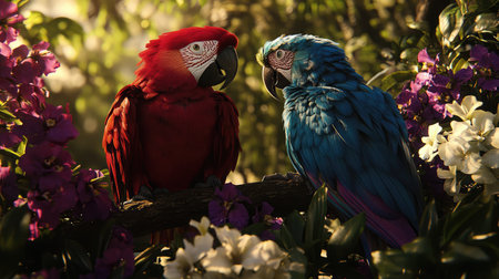 Two gorgeous parrots, one red and one blue, perch on a branch surrounded by vibrant flowers, showcasing the beauty of wildlife in a tropical paradise.の素材