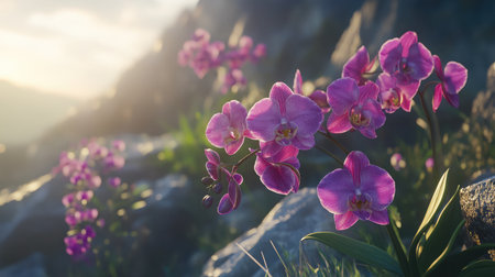 Beautiful pink orchids bloom on rocky terrain under soft sunset light, showcasing vibrant petals and a serene natural landscape ideal for nature lovers.の素材