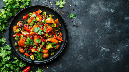 A vibrant and colorful vegetable stir-fry featuring bell peppers, broccoli, and herbs on a sleek black plate, perfect for showcasing healthy cuisine and culinary art.の素材