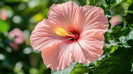 A stunning close-up of a pink hibiscus flower surrounded by lush green leaves, showcasing its delicate petals and vibrant colors in a sunny garden setting.の素材