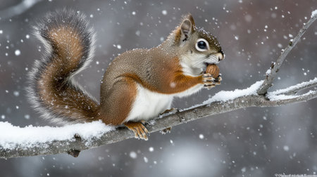 A charming squirrel sits on a snow-covered branch, enjoying a nut in a serene winter landscape. The fluffy animal captures the beauty of nature in a snowy setting.の素材
