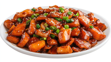 A flavorful Asian chicken dish served on a white plate, garnished with green onions and sesame seeds, perfect for a culinary feast or food photography.の素材