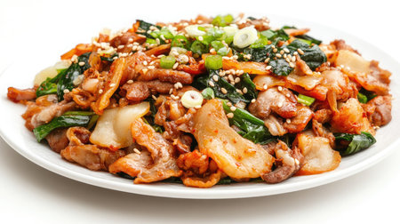 A vibrant plate of delicious stir-fried pork with fresh vegetables, garnished with sesame and green onions, perfect for a healthy and appetizing meal.の素材