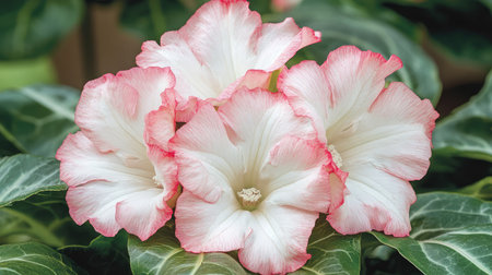 A stunning close-up of vibrant pink and white flowers surrounded by lush green leaves, perfect for nature lovers and floral enthusiasts looking for beauty.の素材