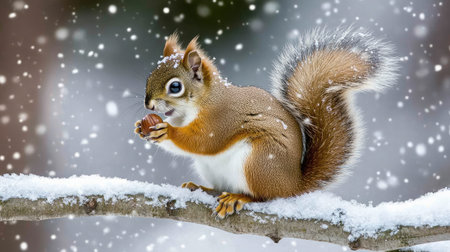 A charming squirrel holds a nut while perched on a snow-covered branch. The serene winter scene features gentle snowfall, highlighting the beauty of nature.の素材