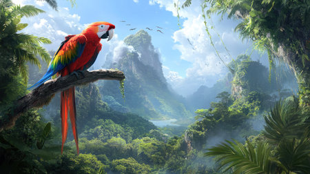 A vibrant parrot perches on a branch, surrounded by a lush tropical landscape, showcasing the beauty of nature with mountains and a clear sky in the background.の素材