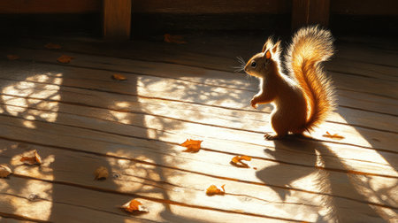 A curious squirrel stands on a wooden floor, illuminated by soft sunlight. Fallen leaves surround it, creating a serene and charming autumn scene.の素材