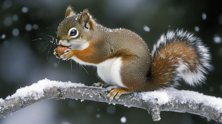 A charming squirrel sits on a snow-covered branch, munching on a nut. Its fluffy tail and snowy surroundings create a perfect winter scene.の素材
