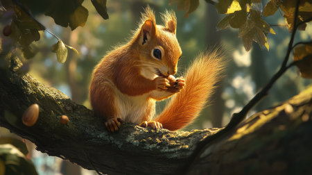 A cute squirrel is perched on a branch, eating a nut with focus and calmness. This vibrant scene captures wildlife and the beauty of nature.の素材