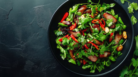 A vibrant salad featuring fresh greens, grilled vegetables, and spices, perfect for healthy meals. Great for culinary presentations and recipes.の素材
