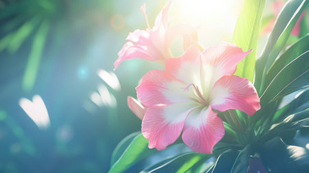 A stunning close-up of a pink flower bathed in sunlight, showcasing its delicate petals and lush green leaves in a vibrant garden setting. Perfect for nature enthusiasts.の素材