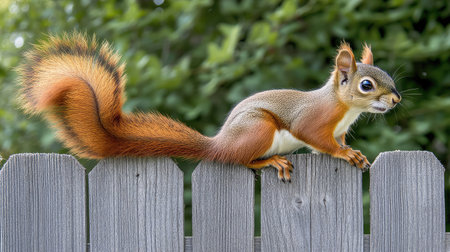 A curious squirrel perches on a wooden fence, showcasing its vibrant fur and agile stance. The greenery in the background enhances the peaceful outdoor setting.の素材