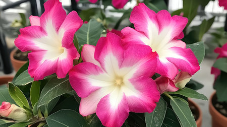 A stunning close-up of vibrant pink flowers with white centers, showcasing nature's beauty. Ideal for spring-themed designs and floral presentations.の素材