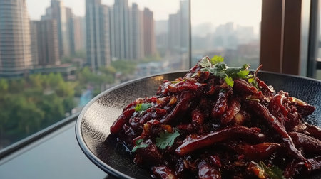 A vibrant, spicy dish garnished with herbs, set against a stunning city view. Perfect for restaurant menus, food blogs, and culinary photography.の素材