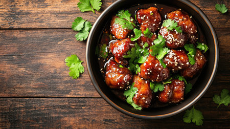 Savory meatballs drizzled with rich sauce, garnished with fresh herbs, served in a bowl on a rustic wooden table, perfect for any meal.の素材