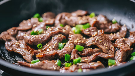 A close-up view of sizzling beef strips topped with green onions and sesame seeds in a frying pan. This dish embodies delicious and savory flavors.の素材
