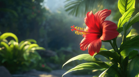 A vibrant red hibiscus flower stands out against a lush tropical backdrop, showcasing its delicate petals and inviting charm in a serene garden setting.の素材